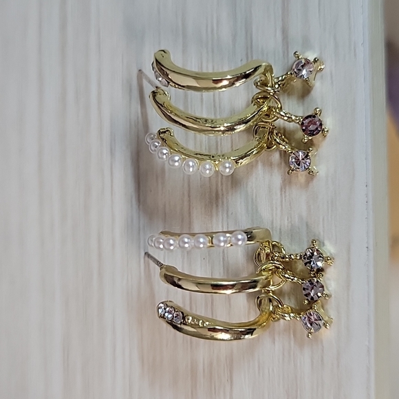 Claw Style Huggies with Faux Pearl, Crystal Dangles, S925 - Picture 5 of 7